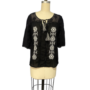 Bila Black Embroidered Top | Mesh Accents & Button-Back | Size Small